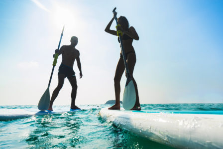 Le paddle, Holissence, paddleboarding, Young caucasian couple, Thailand beach on summer holidays, vacation travel,