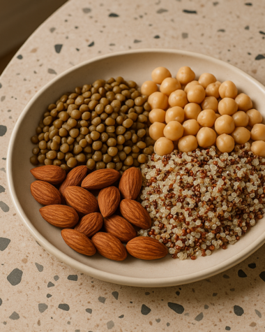 lentilles, pois chiches, quinoa, amandes