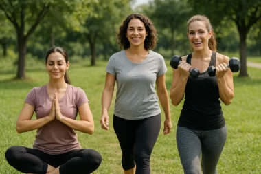 Femme faisant du yoga pour mieux dormir, Marche au coucher du soleil, Exercice de renforcement musculaire pour la vitalité